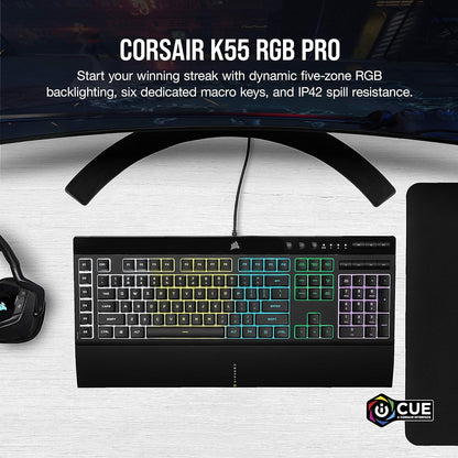 K55 RGB Pro-Dynamic RGB Backlighting - Six Macro Keys with Elgato Stream Deck Software Integration-Ip42 Dust and Spill Resistant-Detachable Palm Rest-Dedicated Media and Volume Keys, Black