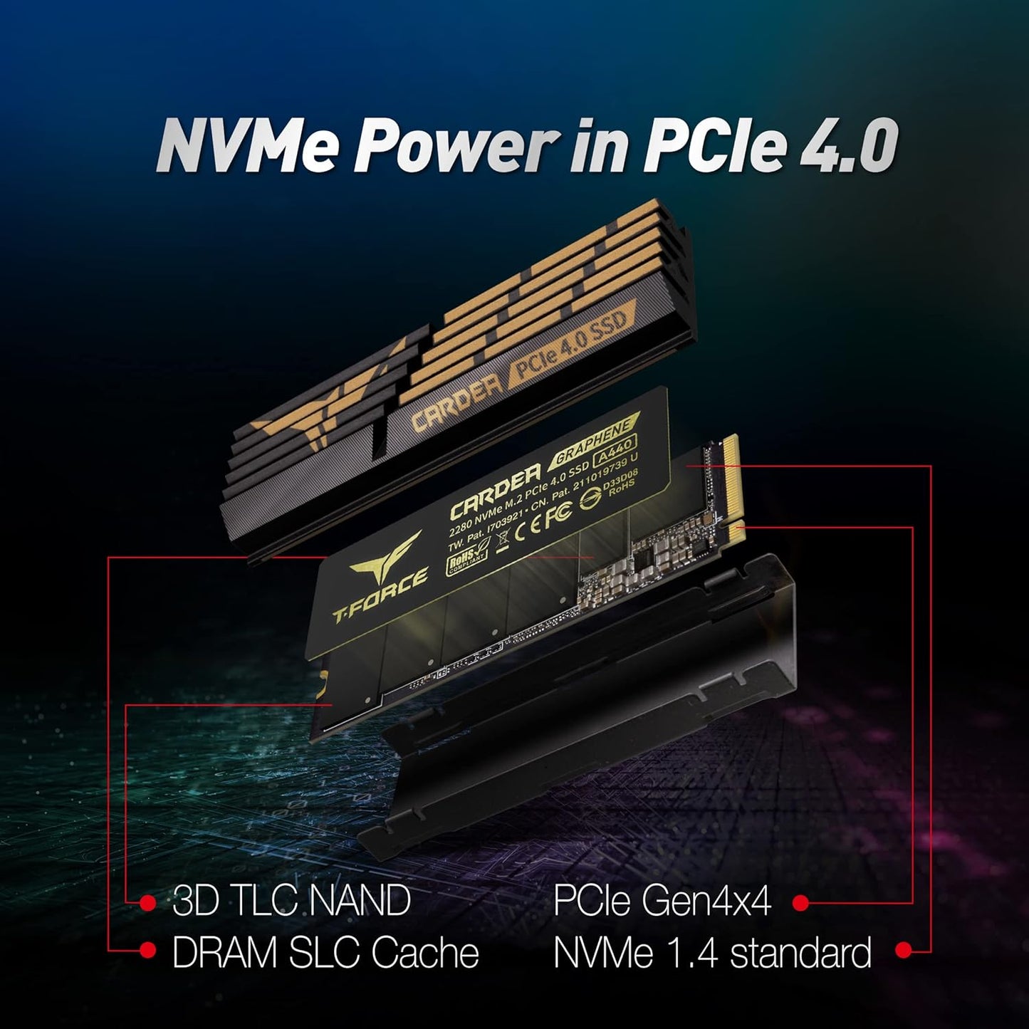 T-FORCE A440 Aluminum Heatsink 2TB DRAM SLC Cache 3D NAND TLC Nvme Pcie Gen4X4 M.2 2280 Internal SSD R/W 7000/6900 Mb/S TM8FPZ002T0C327