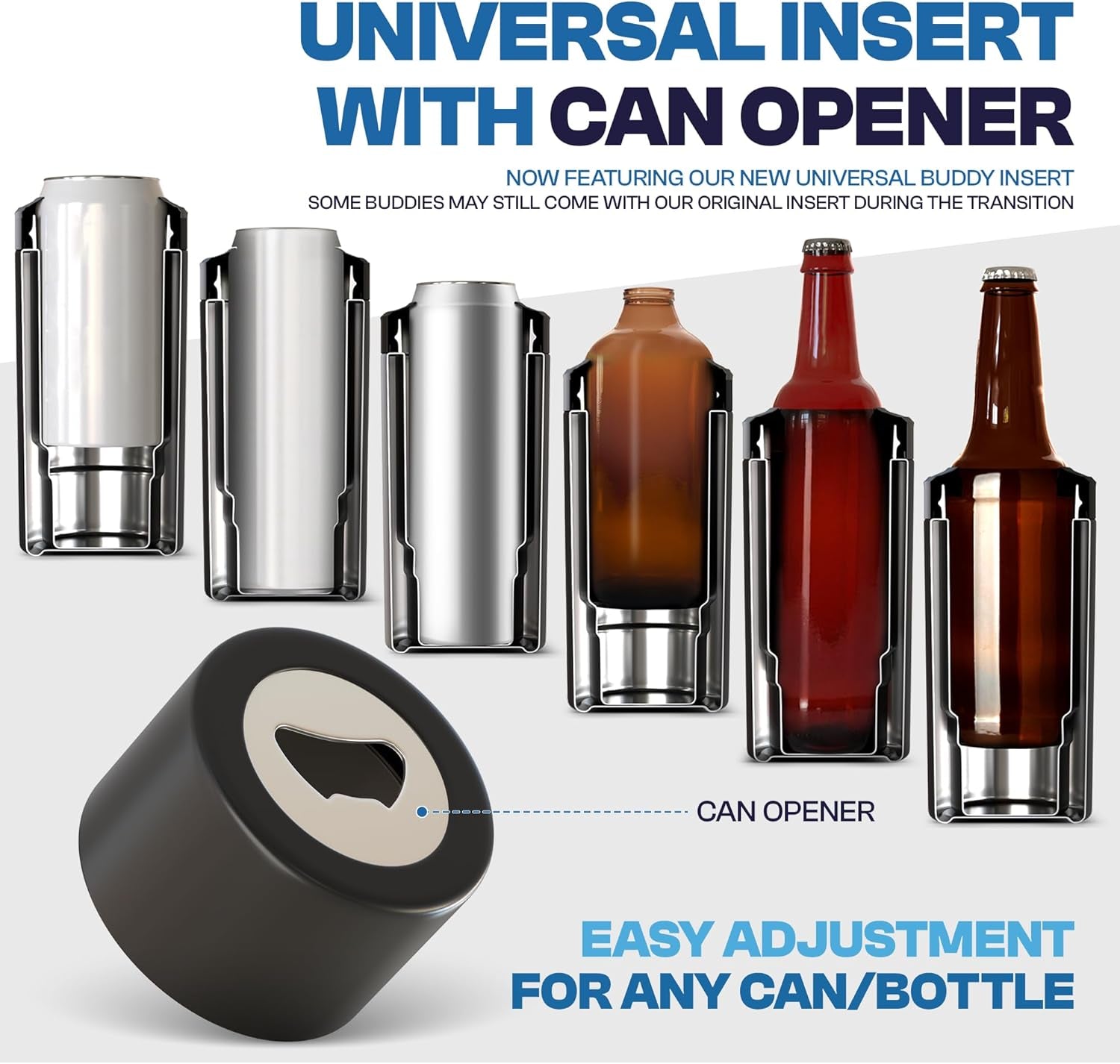 Universal Buddy Can Cooler - Fits All - for Regular 12 & 16 Oz or Slim-Size Bottles - Insulated Double -Walled Stainless Steel (All White)