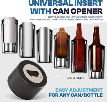 Universal Buddy Can Cooler - Fits All - for Regular 12 & 16 Oz or Slim-Size Bottles - Insulated Double -Walled Stainless Steel (All White)