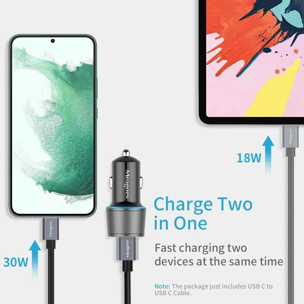48W Gray Car Charger USB C Super Fast Charging, 30W USBC&QC3.0 Port Block for Iphone 17 Pro Max/Air/16/15/Ipad, Samsung S25 Android Cell Phone, Dual 12V Cigarette Lighter Adapter+3.3 Ft Type C Cable