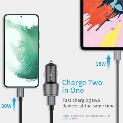 48W Gray Car Charger USB C Super Fast Charging, 30W USBC&QC3.0 Port Block for Iphone 17 Pro Max/Air/16/15/Ipad, Samsung S25 Android Cell Phone, Dual 12V Cigarette Lighter Adapter+3.3 Ft Type C Cable