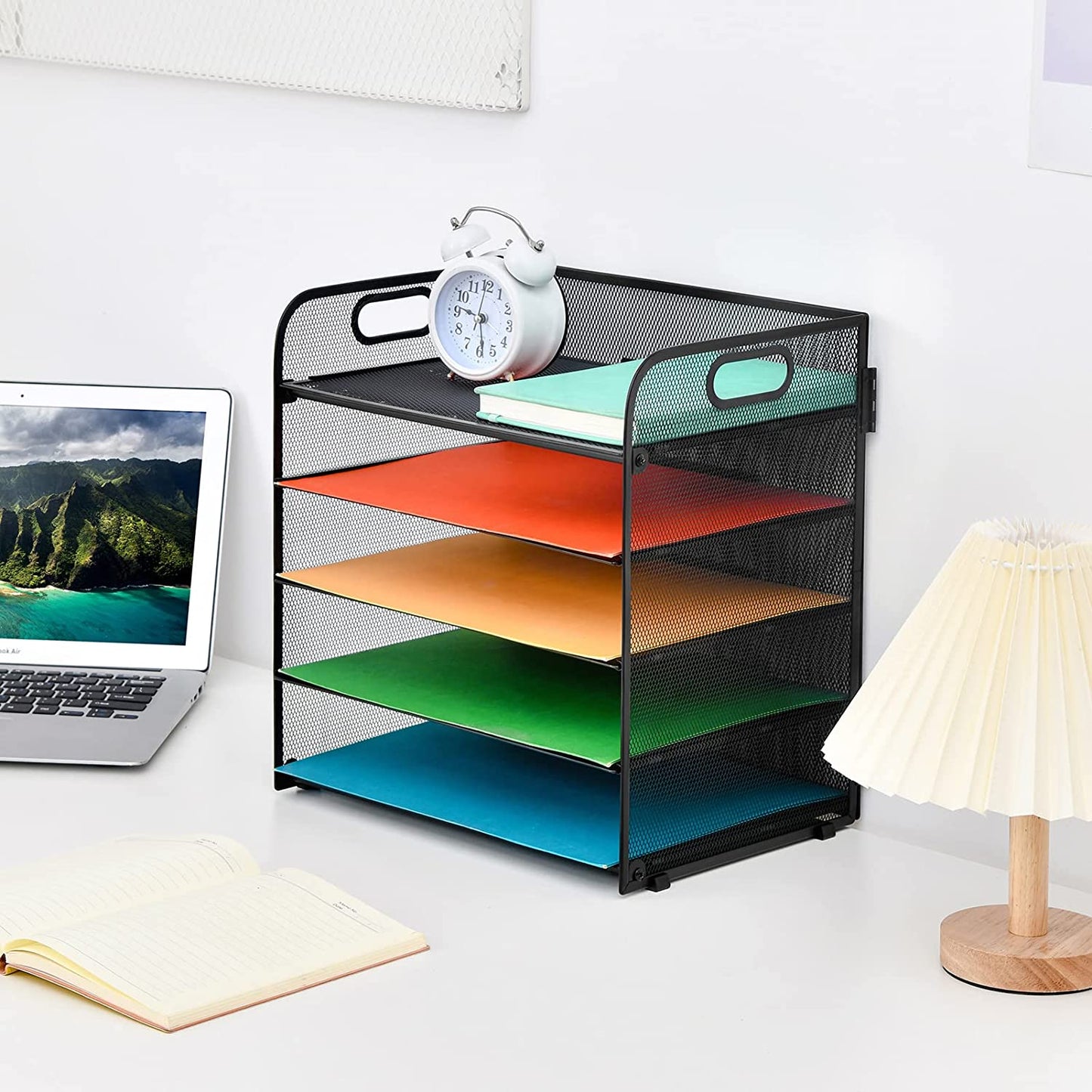 5-Tier Mesh Desktop File Organizer with Pen Holder, Black, 11 X 8.5 X 2.5 In