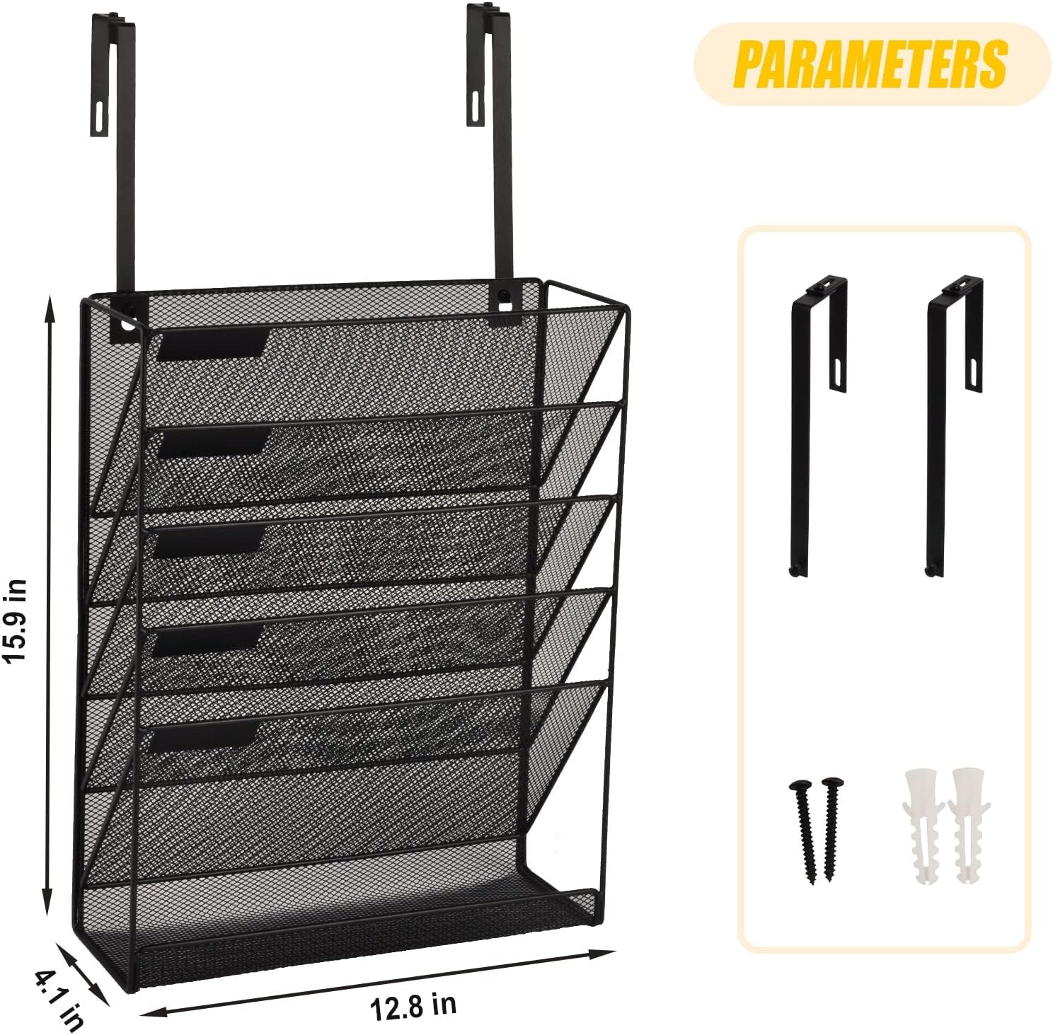 Desk File Organizer Mesh 6-Tier with Hangers, Hanging Wall Mount Document Organization Stand, Desktop Vertical Mail Paper Folder Holder with Bottom Tray for Office Home Cubicle, Black